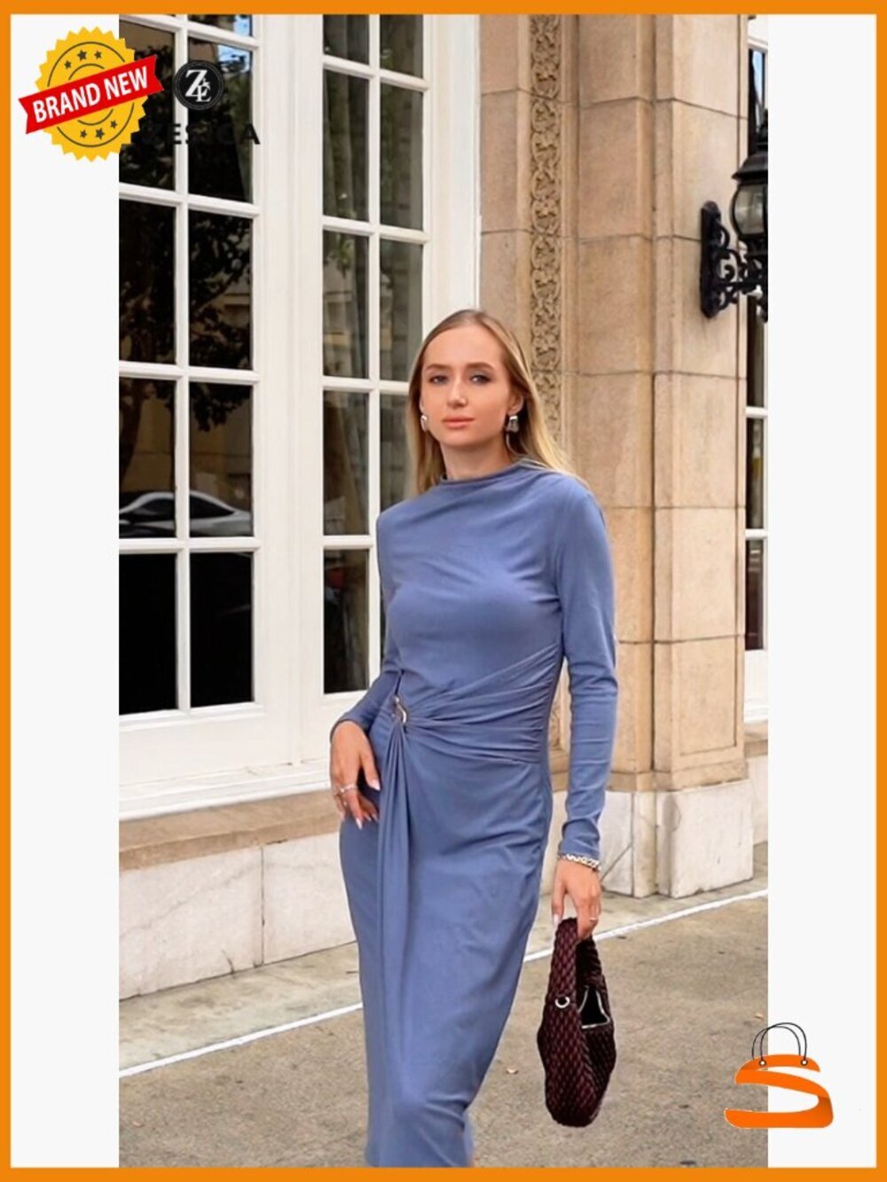 Long Sleeve Mock Neck Bodycon Midi Dress Cocktail Party Wedding Guest Dress - Picture 7 of 7